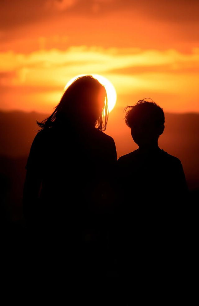 Two shadows of a man with long hair and a 16-year-old boy also with long hair, set against a dramatic sunset backdrop