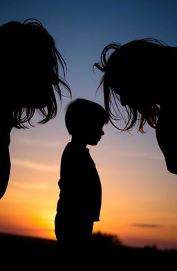 Two shadows of a man with long hair and a 16-year-old boy also with long hair, set against a dramatic sunset backdrop