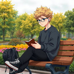 A slightly chubby and tall 16-year-old boy with curly medium-length blond hair, bright blue eyes, and round glasses, sitting on a wooden bench in a square filled with lush trees and colorful plants