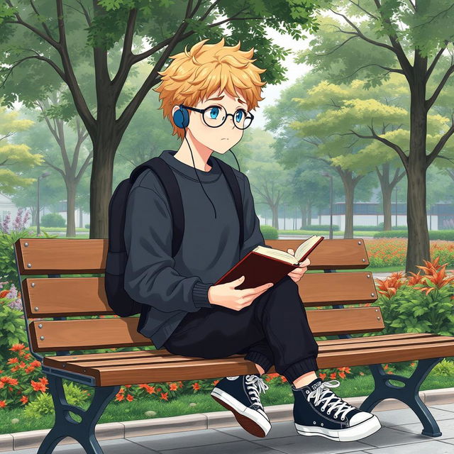 A slightly chubby and tall 16-year-old boy with curly medium-length blond hair, bright blue eyes, and round glasses, sitting on a wooden bench in a square filled with lush trees and colorful plants