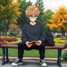 A slightly chubby and tall 16-year-old boy with curly medium-length blond hair, bright blue eyes, and round glasses, sitting on a wooden bench in a square filled with lush trees and colorful plants