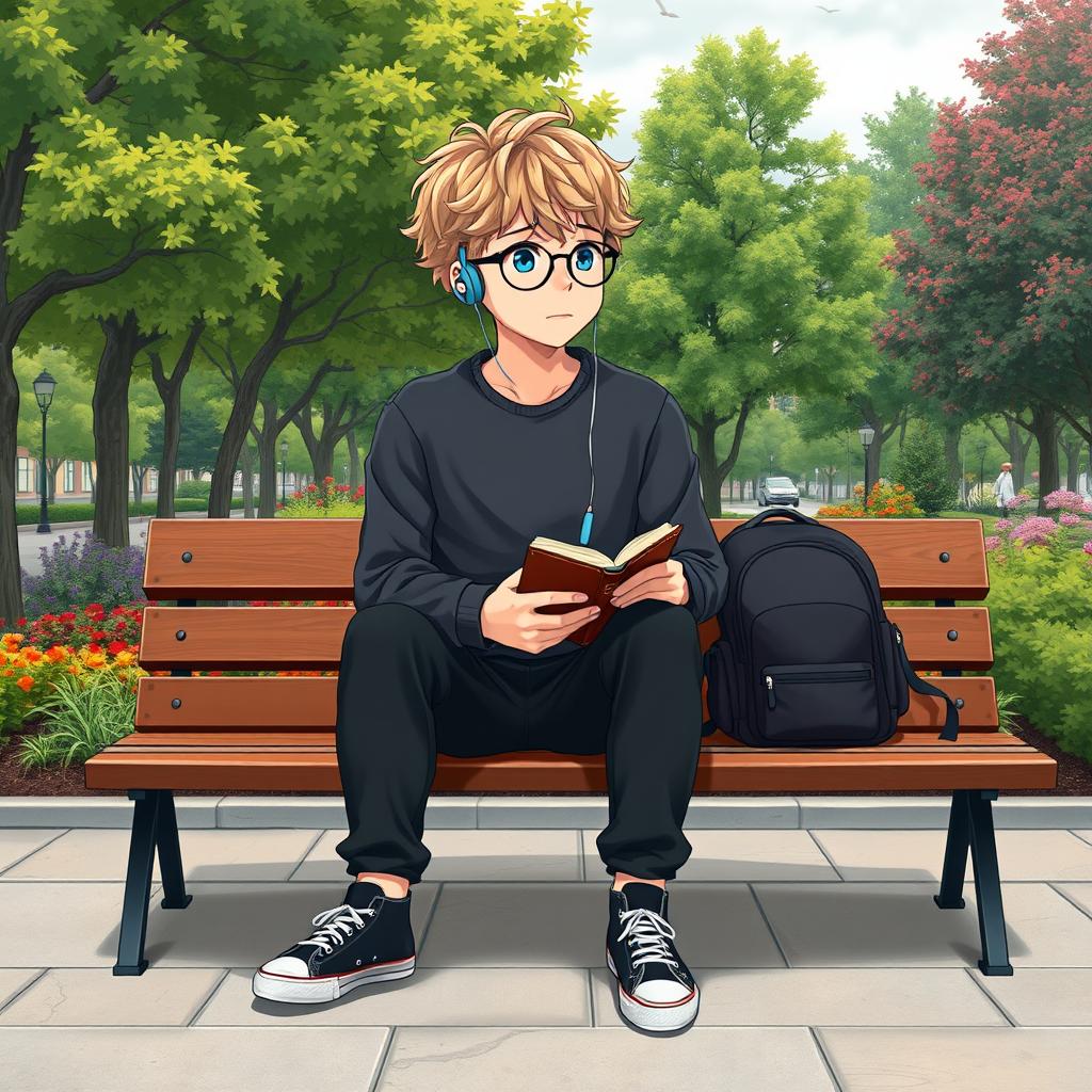 A slightly chubby and tall 16-year-old boy with curly medium-length blond hair, bright blue eyes, and round glasses, sitting on a wooden bench in a square filled with lush trees and colorful plants