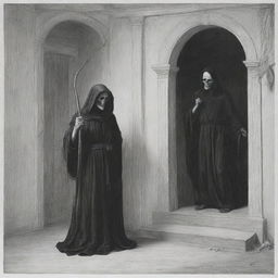 Update the scene to show the inhabitant of the house visibly in pain, while the Angel of Death in the black robe, carrying the scythe, drawing nearer.