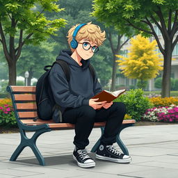 A fat 16-year-old boy with curly medium-length blond hair, bright blue eyes, and round glasses, sitting on a bench in a charming square surrounded by lush trees and vibrant plants