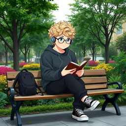 A fat 16-year-old boy with curly medium-length blond hair, bright blue eyes, and round glasses, sitting on a bench in a charming square surrounded by lush trees and vibrant plants