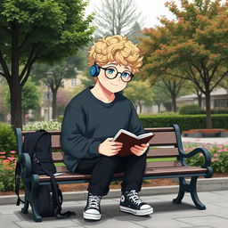 A fat 16-year-old boy with curly medium-length blond hair, bright blue eyes, and round glasses, sitting on a bench in a charming square surrounded by lush trees and vibrant plants