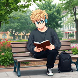 A fat 16-year-old boy with curly medium-length blond hair, bright blue eyes, and round glasses, sitting on a bench in a charming square surrounded by lush trees and vibrant plants