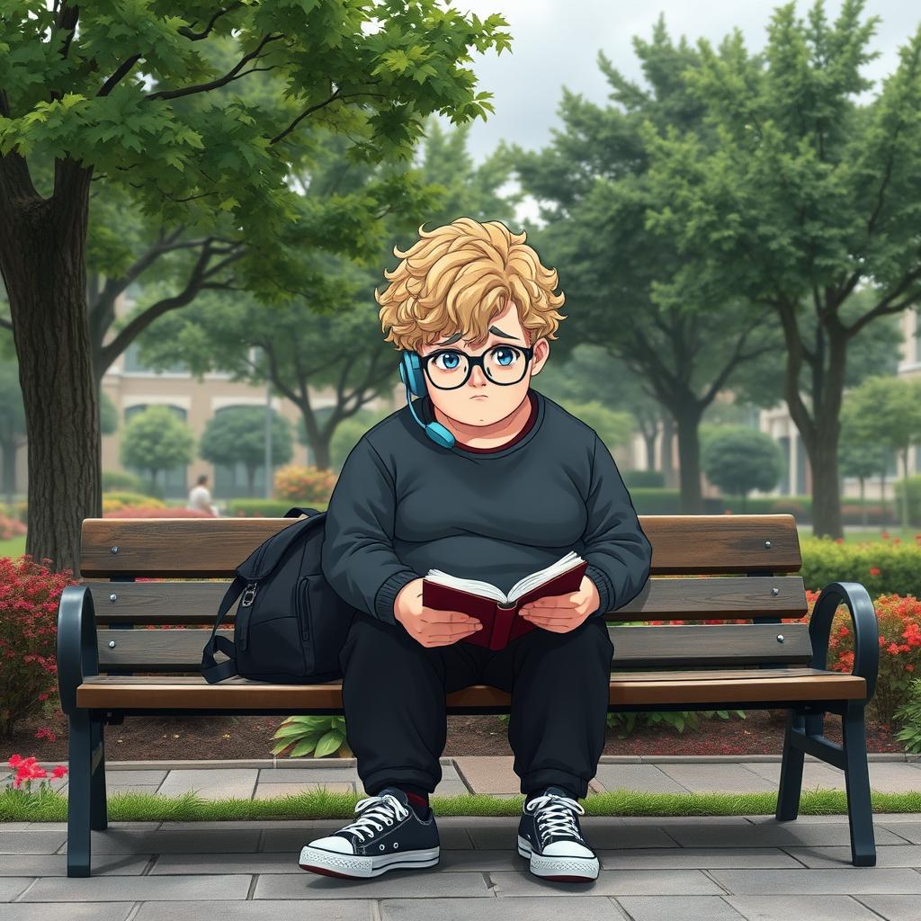 A fat 16-year-old boy with curly medium-length blond hair, bright blue eyes, and round glasses, sitting on a bench in a quaint square filled with lush trees and vibrant plants