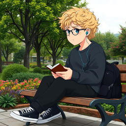 A fat 16-year-old boy with curly medium-length blond hair, bright blue eyes, and round glasses, sitting on a bench in a quaint square filled with lush trees and vibrant plants