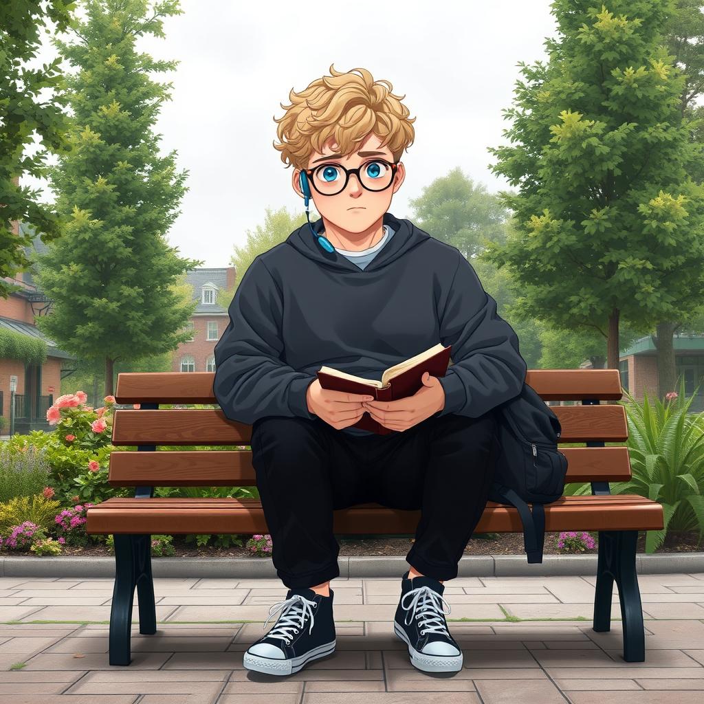 A fat 16-year-old boy with curly medium-length blond hair, bright blue eyes, and round glasses, sitting on a bench in a quaint square filled with lush trees and vibrant plants