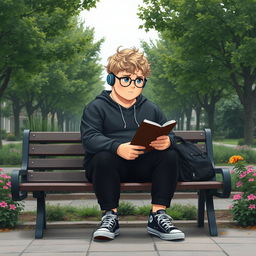 A fat 16-year-old boy with curly medium-length blond hair, bright blue eyes, and round glasses, sitting on a bench in a quaint square filled with lush trees and vibrant plants