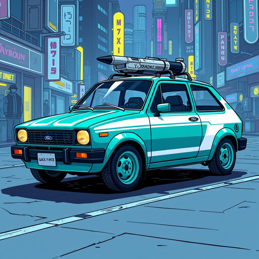 A compact teal 1980s Ford Fiesta with chic white accents, expertly designed to blend into its urban surroundings