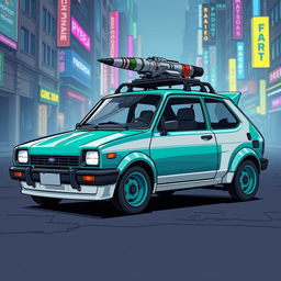 A compact teal 1980s Ford Fiesta with chic white accents, expertly designed to blend into its urban surroundings