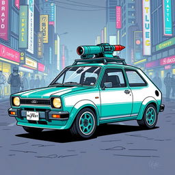 A compact teal 1980s Ford Fiesta with chic white accents, expertly designed to blend into its urban surroundings