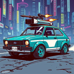 A compact teal 1980s Ford Fiesta with striking white accents, designed to seamlessly blend into its urban setting