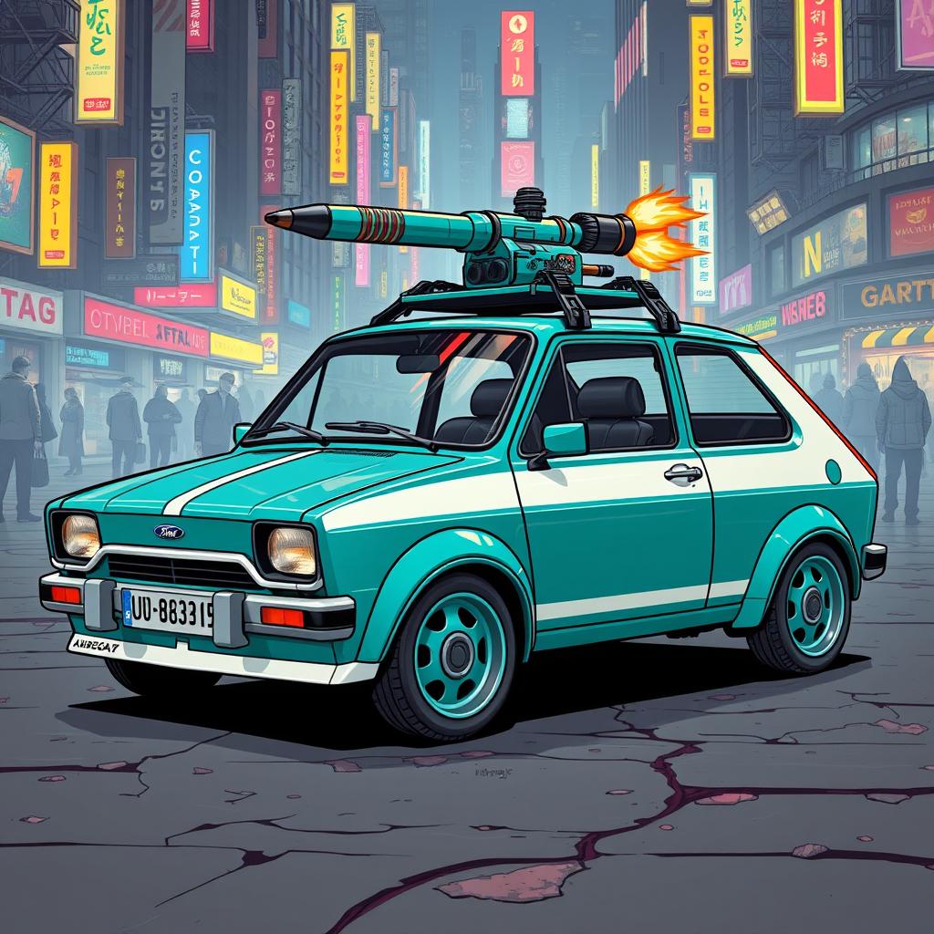 A compact teal 1980s Ford Fiesta with striking white accents, designed to seamlessly blend into its urban setting