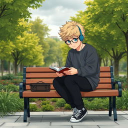 A fat 16-year-old boy with curly medium-length blond hair, bright blue eyes, and round glasses sitting on a wooden bench in a square brimming with lush trees and plants