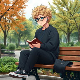 A fat 16-year-old boy with curly medium-length blond hair, bright blue eyes, and round glasses sitting on a wooden bench in a square brimming with lush trees and plants