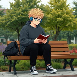 A fat 16-year-old boy with curly medium-length blond hair, bright blue eyes, and round glasses sitting on a wooden bench in a square brimming with lush trees and plants