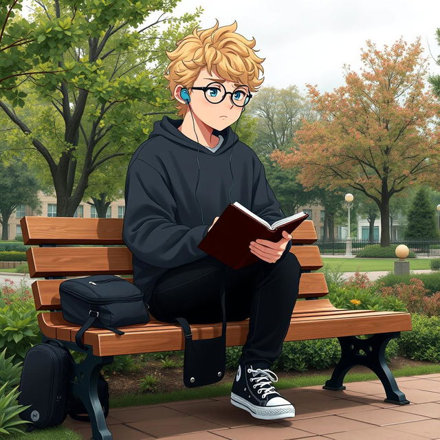 A fat 16-year-old boy with curly medium-length blond hair, bright blue eyes, and round glasses sitting on a wooden bench in a square brimming with lush trees and plants