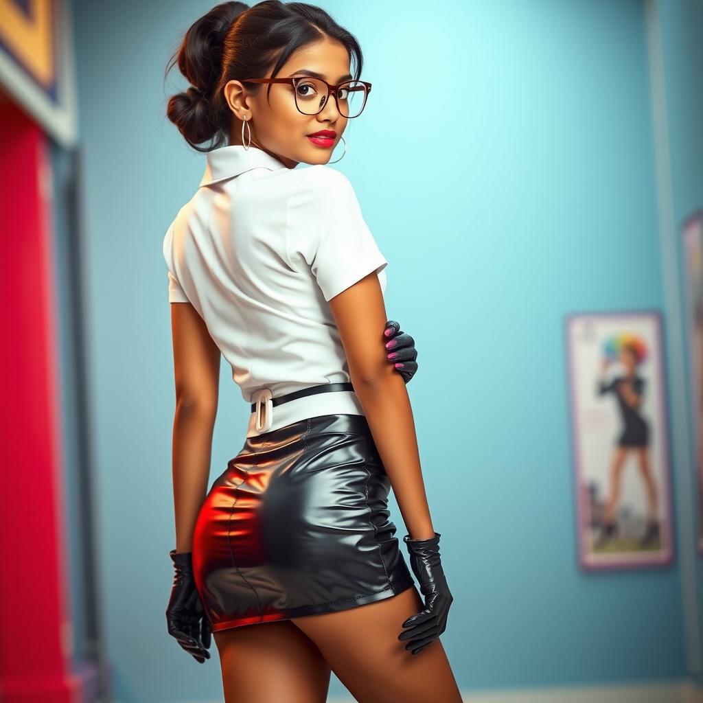 A young Indian girl in a fashionable nurse outfit, featuring a tight, shiny latex mini skirt with a stylish belt