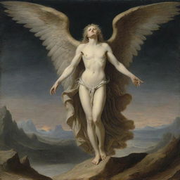 Conclude the scene depicting the Angel of Death, having taken the soul from the suffering individual, transporting it heavenwards against the backdrop of Earth.