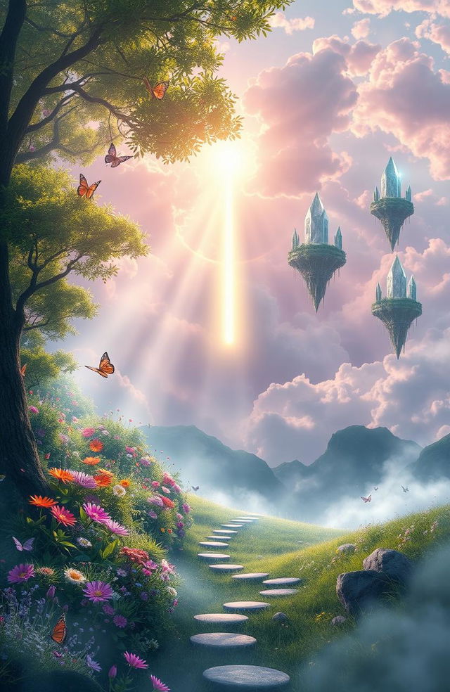 A mystical landscape titled 'Between Two Worlds', depicting a serene, ethereal scene where two distinct realms meet