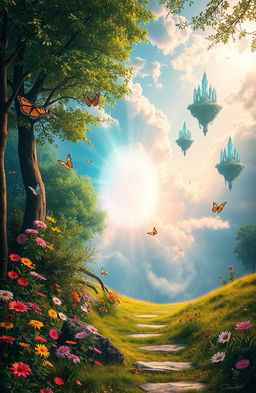 A mystical landscape titled 'Between Two Worlds', depicting a serene, ethereal scene where two distinct realms meet