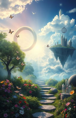 A mystical landscape titled 'Between Two Worlds', depicting a serene, ethereal scene where two distinct realms meet