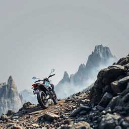 A hyper-realistic depiction of a scrambler hike, showcasing a rugged mountain terrain with rocky outcrops