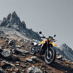 A hyper-realistic depiction of a scrambler hike, showcasing a rugged mountain terrain with rocky outcrops