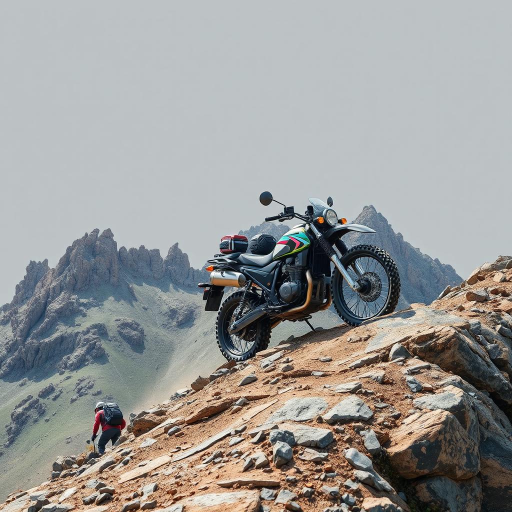 A hyper-realistic depiction of a scrambler hike, showcasing a rugged mountain terrain with rocky outcrops