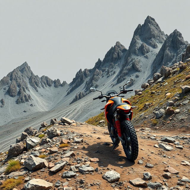 A hyper-realistic depiction of a scrambler hike, showcasing a rugged mountain terrain with rocky outcrops