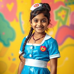 A young Indian girl in a stylish nurse outfit, featuring a form-fitting oily latex skirt that highlights her figure