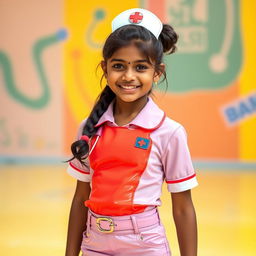 A young Indian girl in a stylish nurse outfit, featuring a form-fitting oily latex skirt that highlights her figure