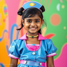 A young Indian girl in a stylish nurse outfit, featuring a form-fitting oily latex skirt that highlights her figure