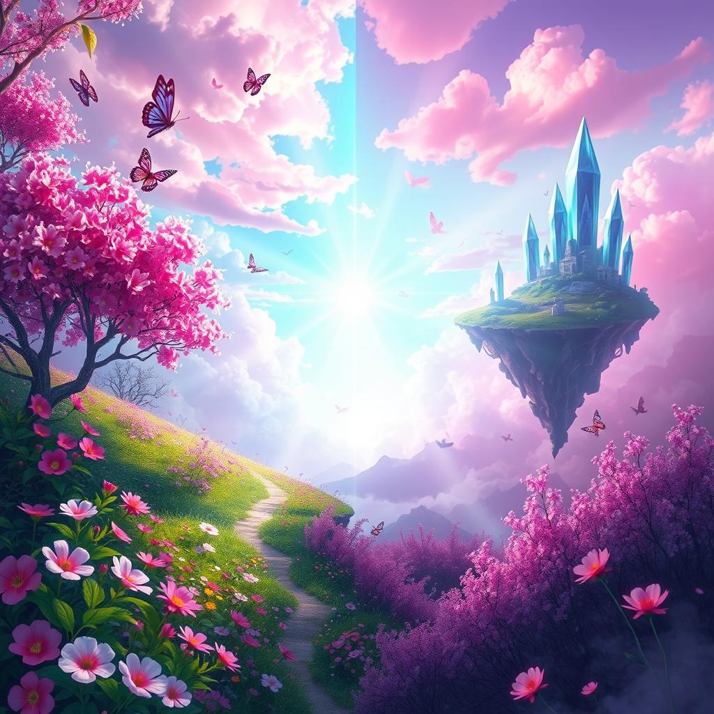 A mystical landscape artwork titled 'Between Two Worlds' by J