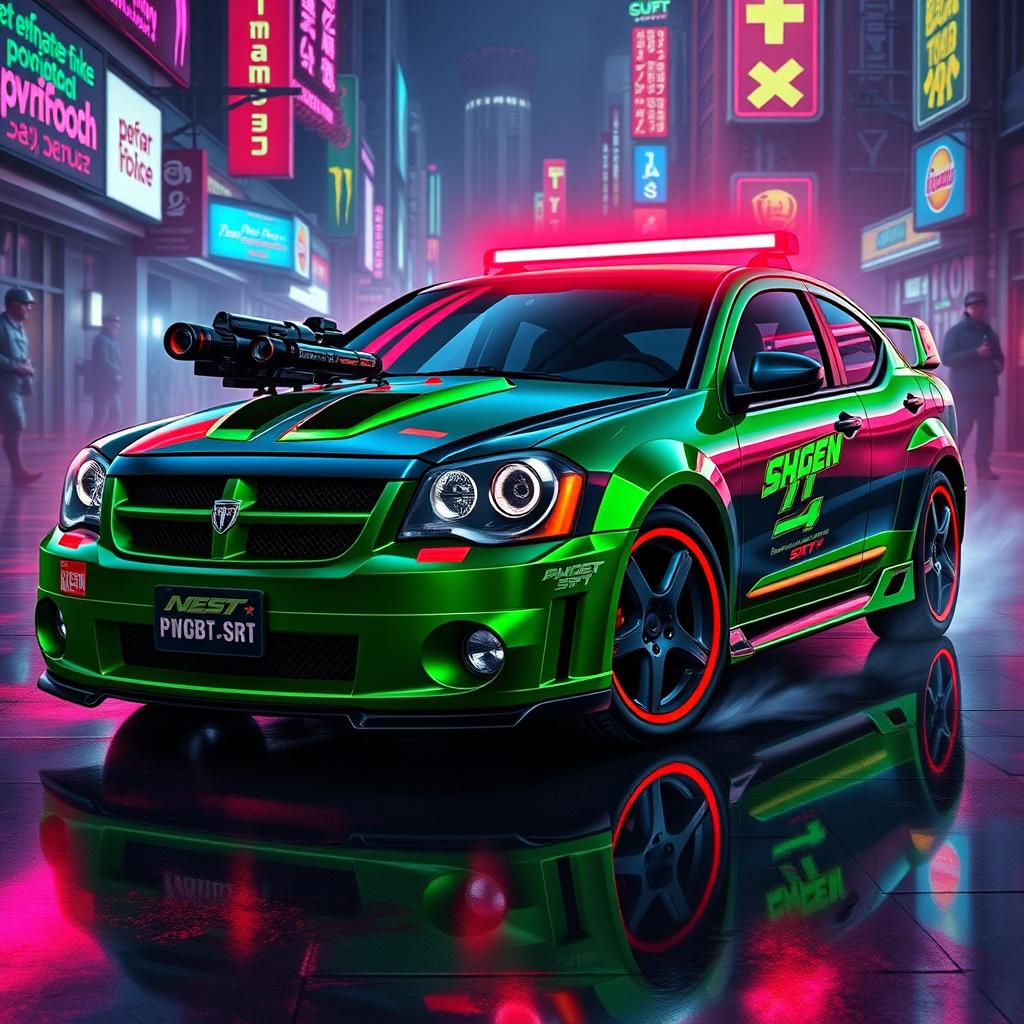 A sleek, blacked-out 2005 Dodge Neon SRT-4, showcasing an eye-catching neon green finish highlighted by vivid crimson accents and shimmering holographic decals