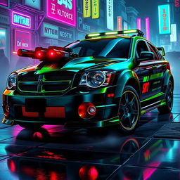 A sleek, blacked-out 2005 Dodge Neon SRT-4, showcasing an eye-catching neon green finish highlighted by vivid crimson accents and shimmering holographic decals