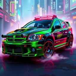 A sleek, blacked-out 2005 Dodge Neon SRT-4, showcasing an eye-catching neon green finish highlighted by vivid crimson accents and shimmering holographic decals