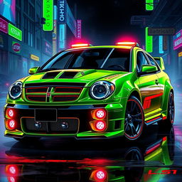 A sleek, blacked-out 2005 Dodge Neon SRT-4, showcasing an eye-catching neon green finish highlighted by vivid crimson accents and shimmering holographic decals