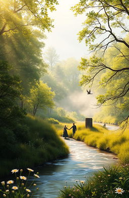 A serene and picturesque landscape reflecting the themes of rediscovery and connection in the novel 'Finding You Again' by J