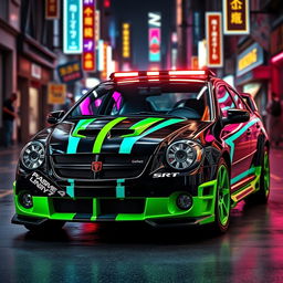 A sleek, blacked-out 2005 Dodge Neon SRT-4 featuring striking neon green paint accented with bold teal stripes