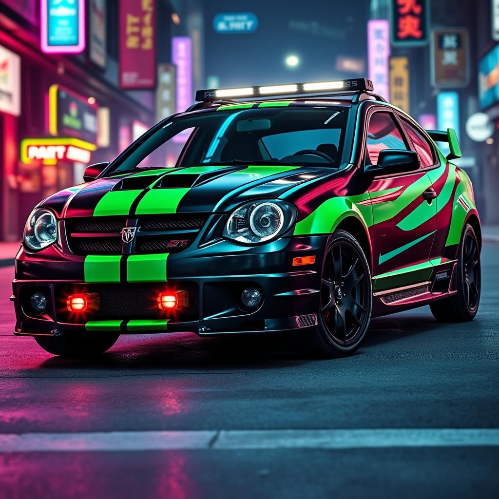 A sleek, blacked-out 2005 Dodge Neon SRT-4 featuring striking neon green paint accented with bold teal stripes