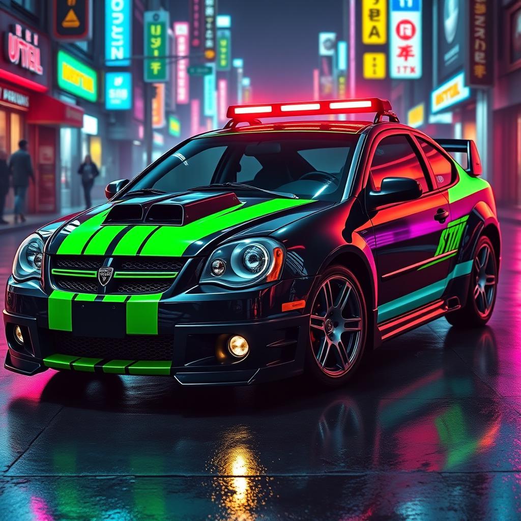 A sleek, blacked-out 2005 Dodge Neon SRT-4 featuring striking neon green paint accented with bold teal stripes