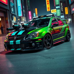 A sleek, blacked-out 2005 Dodge Neon SRT-4 featuring striking neon green paint accented with bold teal stripes