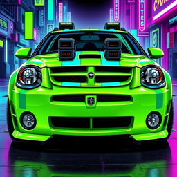 A sleek neon green 2005 Dodge Neon SRT-4 adorned with bold teal stripes, showcasing a modern and sporty appearance