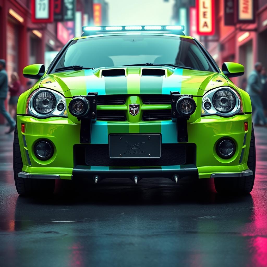 A sleek neon green 2005 Dodge Neon SRT-4 adorned with bold teal stripes, showcasing a modern and sporty appearance