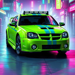 A sleek neon green 2005 Dodge Neon SRT-4 adorned with bold teal stripes, showcasing a modern and sporty appearance