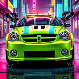 A sleek neon green 2005 Dodge Neon SRT-4 adorned with bold teal stripes, showcasing a modern and sporty appearance